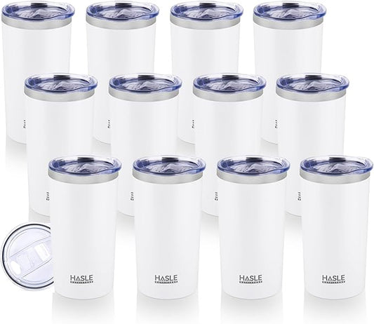 HASLE OUTFITTERS 12oz Skinny Tumbler Bulk, Slim Tumblers Set with Lid, Double Wall Stainless Steel Insulated Travel Coffee Mug, Durable Powder Coated Travel Water Cup(White, 12)