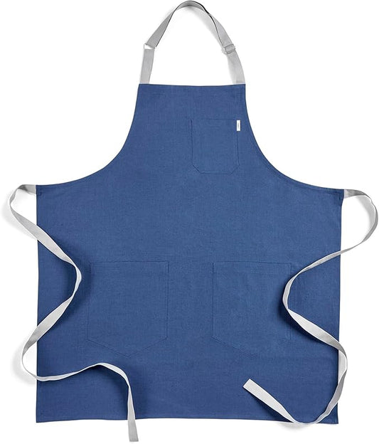 Solino Home Linen Kitchen Apron for Men & Women - Indigo Blue/Soft Grey Bib Apron with Front Pockets - Handcrafted from European Flax