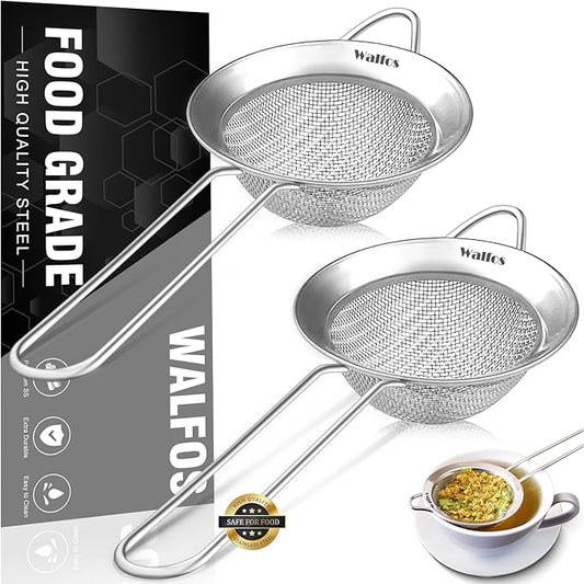 Walfos Small Fine Mesh Tea Strainer, Mini Stainless Steel Sieve with Handle, 2.8 Inch Kitchen Metal Sifter Strainers for Tea, Juicing, Coffee, Cocktail, Powdered Sugar, Matcha (2 Pack)