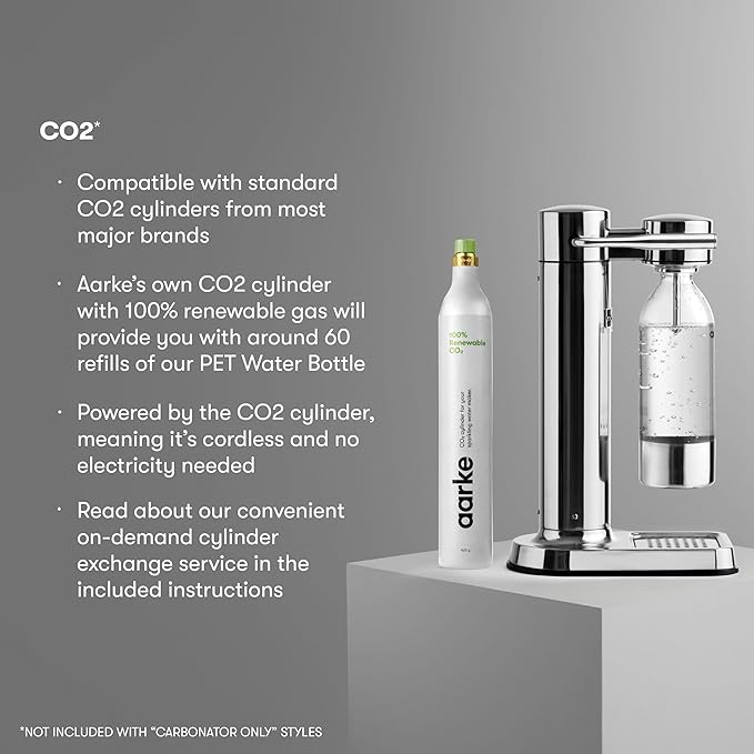 Aarke Carbonator lll with CO2 Cylinder, Sparkling & Carbonation Water Machine, Stainless Steel with PET BPA-Free Reusable Bottle Volume 1L/34 fl oz (Stainless Steel)