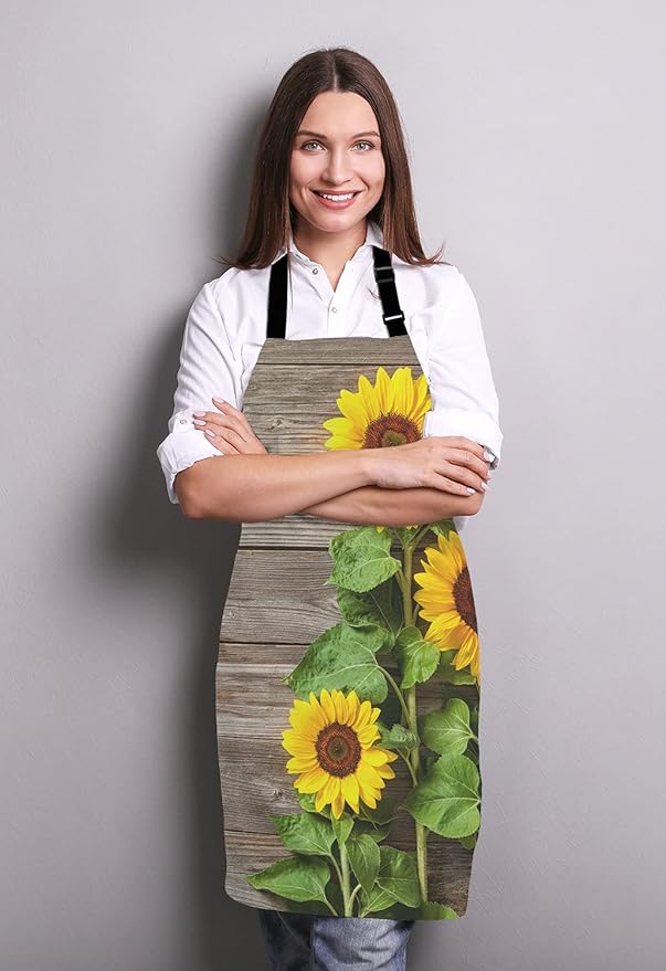 Sunflowers on Wooden Board Apron for Women and Men, Adjustable Kitchen Chef Apron for Cooking Baking - Cute Birthday, Anniversary, Mother's Day Apron Gifts for Mom Wife Girlfriend Aunt Grandma