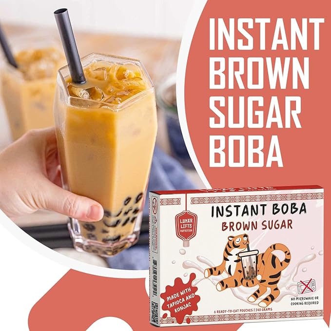 Instant Brown Sugar Boba, 70% Fewer Calories, Made with Konjac and Tapioca, Brown Sugar Boba Pearls for Boba tea, Shakes and Dessert, Plant-Based 6 Ready-to-Eat Pouches (240g)