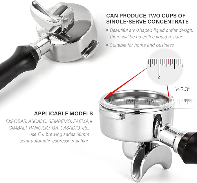CrossCreek 58mm Espresso Double Spouts Portafilter with 2 Ear | Fits E61 | Flair/Rocket/Sanremo/Expobar etc. | Stainless Steel Basket and Solid Wood Handle | Espresso Accessories