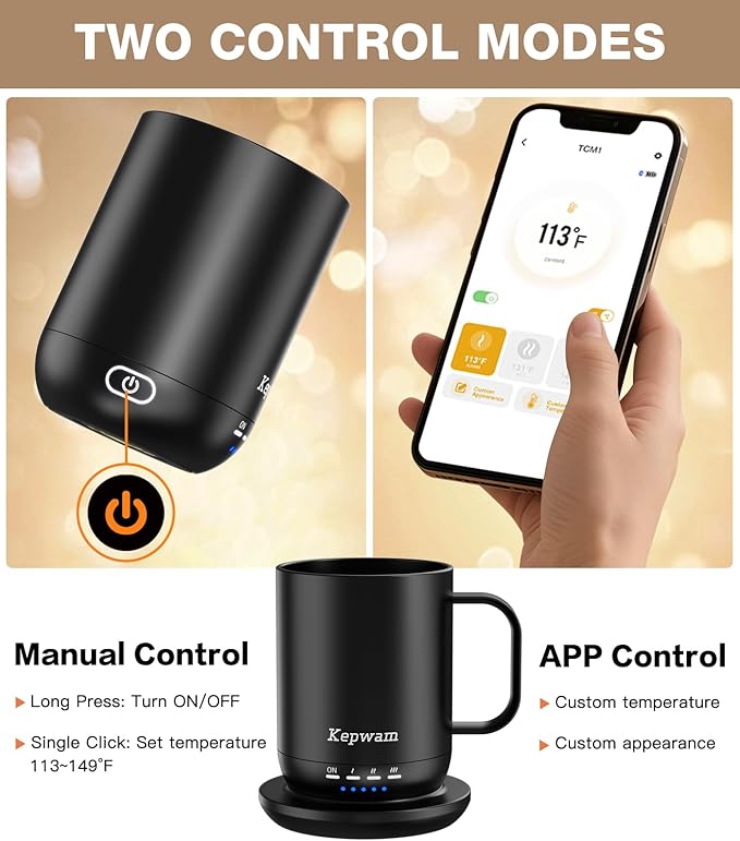 Self Heating Coffee Mug T1-16oz Fast Heating & Ultra Long-Lasting Battery Life, Heated Coffee Mug Up to 149℉ - Touch & App Controlled Coffee Mug, Birthday Gifts for Women and Men