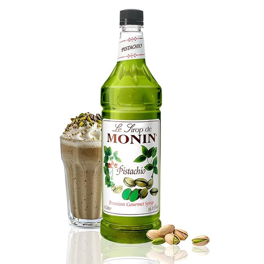 Monin - Pistachio Syrup, Rich and Roasted Pistachio Flavor, Great for Lattes, Mochas, and Dessert Cocktails, Non-GMO, Gluten-Free (1 Liter)