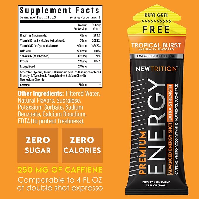 NewTrition® Extra Strength Energy Shots, 250mg Caffeine Energy Shots with Vitamin B & Amino Acids, Sugar-Free Vitamin Energy Shot, 1.7 fl oz (Pack of 24, Tropical Burst)