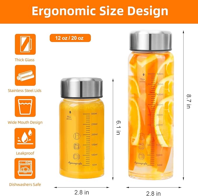 Glass Juice Bottles 6 Pack 20 oz - Wide Mouth Glass Water Bottles with Lids - for Juicing, Smoothies, Milk, Protein, BPA Free, Reusable, Stainless Steel Lids, Leak Proof, Shaker bottle (20oz/600ml)