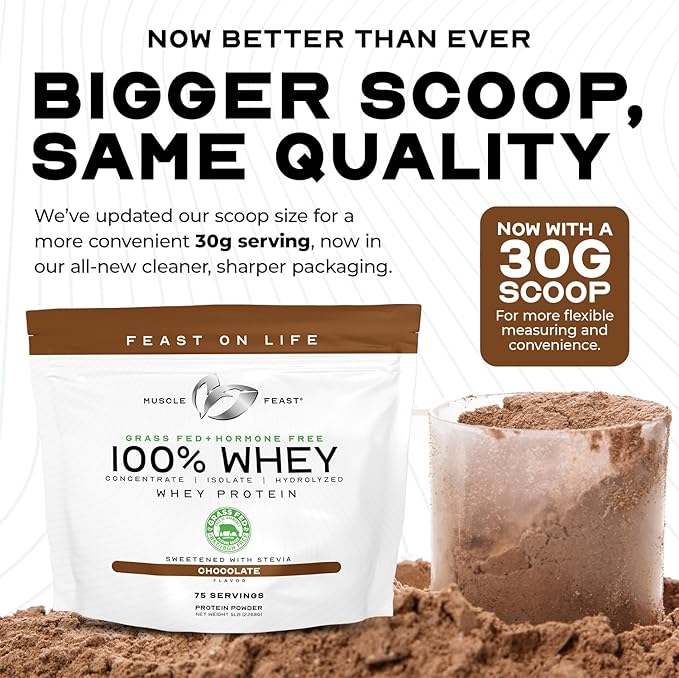 Muscle Feast 100% Grass Fed Whey Protein Powder, All Natural Hormone Free Paure Raised Whey Protein Powder for Women & Men- Whey Concentrate, Isolate & Hydrolyzed Protein Powder Blend - Chocolate, 2lb