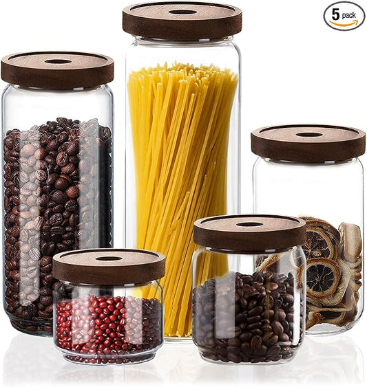 Glass Jars with Airtight Wood Lids - Small Large Kitchen and Pantry Storage Containers, Canisters for Spaghetti, Noodles, Pasta, Ground Coffee, Sugar, Cereal, Spice, Salt, Salad, Matcha, Set of 5