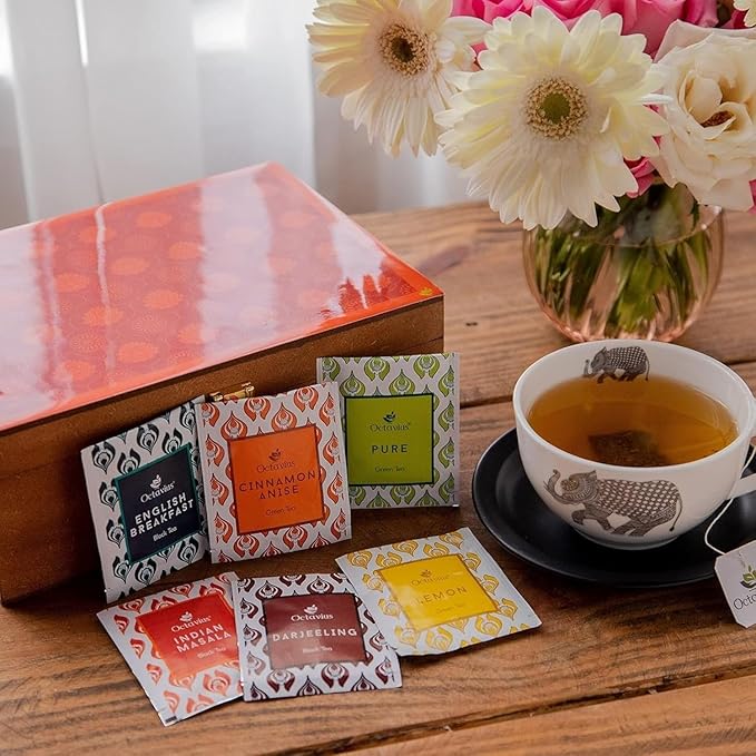 Octavius Gift's Select - Assorted Tea in Lotus Printed Wooden Box | 6 Flavors, 90 Tea Bags | Black & Green Tea | Tea Gifts for Women & Men | Tea Variety Pack | Mothers Day Tea Gift Box