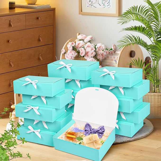 12Pack Blue Gift Boxes with Lids, 12×9.8×3.1 Inch Groomsmen Proposal Box, Luxury Blue Gift Box with Ribbon for Wedding, Birthday, Party, Christmas, Bridesmaid, Graduation Gift