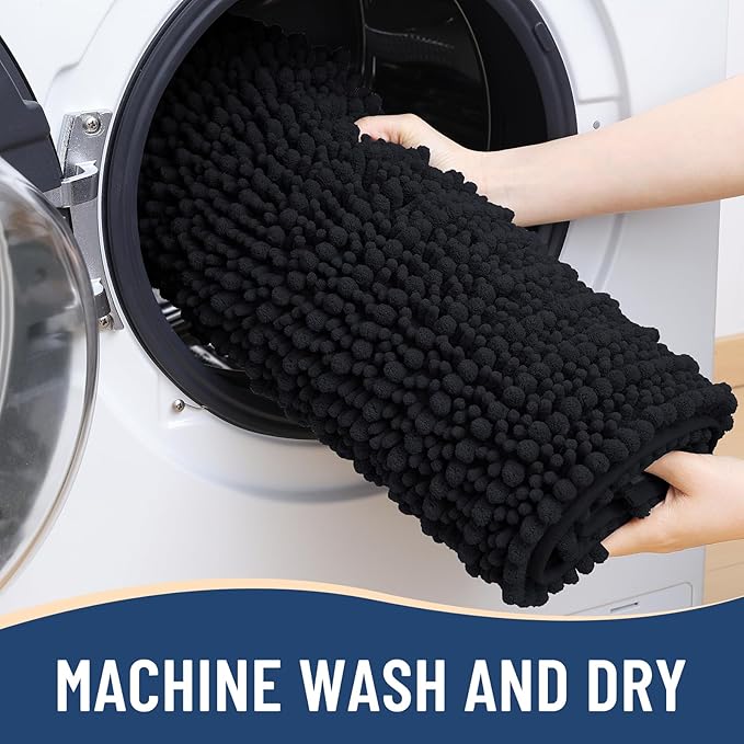 Arotive Luxury Chenille Bathroom Rug Mat, Extra Soft Thick Absorbent Shaggy Bath Rugs, Non-Slip Machine Wash Dry, Plush Bath Mats for Bathroom, Shower and Tub, 24x16, Black
