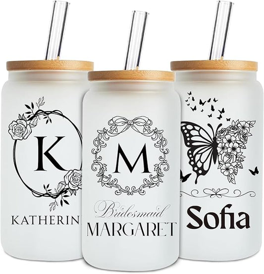 Mason Life Personalized Glass Cup with Name-Can Shaped Glass with Lids and Straws-18OZ Iced Coffee Cups (Initial)