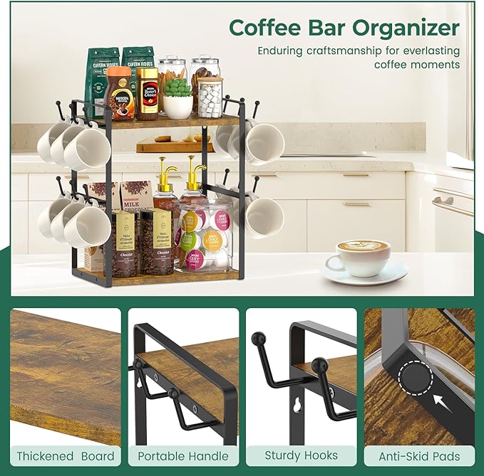 EsLuker.ly 2 Tier Coffee Mug Holder Station Bar Organize Countertop, Mug Cup Tree Rack for Kitchen Office, Storage Shelf with 12 Hooks, Creat Stylish Coffee Corner, Vintage Brown-Black