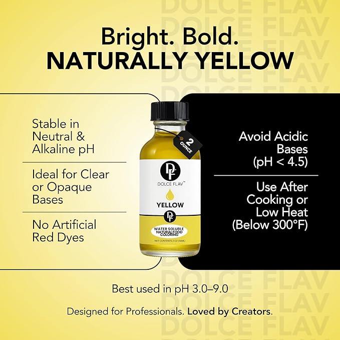 Dolce Flav Natural Yellow Food Coloring – 2 oz Bright Plant-Based Color from Curcumin | Water-Soluble Liquid Color for Baking, Drinks & Frostings | Graduated Dropper Included | | Kosher | No Artificial Dyes | Made in USA