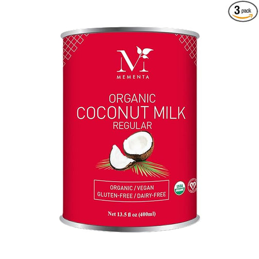 Mementa Inc Organic Coconut Milk Regular 18% - Dairy Free, Plant Based Vegan Milk, Lactose Free - 13.5 Fl Oz (Pack of 3) - Ideal for Cooking and Baking