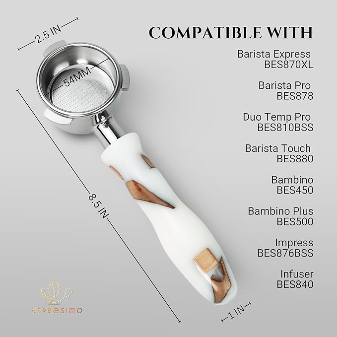 54mm Bottomless Portafilter Modern Handle – Includes Stainless Steel Naked Basket – Fits Breville Barista Express & 54mm Breville Espresso Machines - Espresso Machine Accessories – White