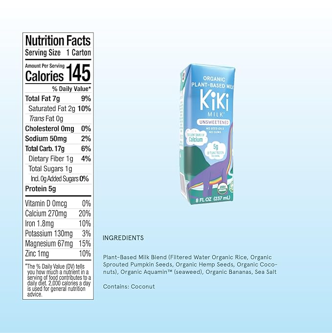 Kiki Milk Plant Based Milk - Organic Unsweetened Kiki Milk - Calcium & Magnesium Source - Gluten Free, Gum Free, GMO Free, Dairy Free, Soy Free, Glyphosate Free - Shelf Stable - (8 oz • Pack of 12)