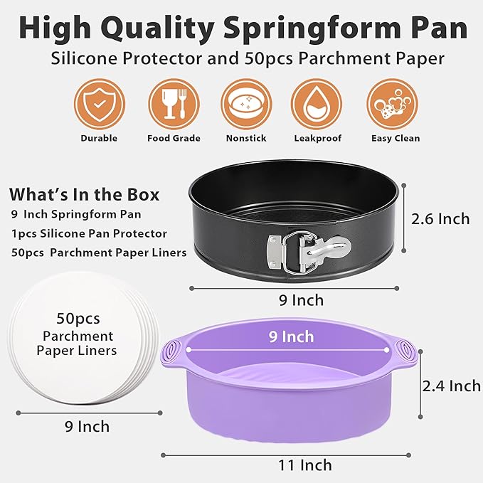 Springform Pan 9 Inch Nonstick Cheesecake Pan with Protector, Leakproof Spring Form Pan for Cheesecake, Round Cheese Cake Pans for Baking, 9 Inch Springform Cake Pan with 50Pcs Parchment Paper