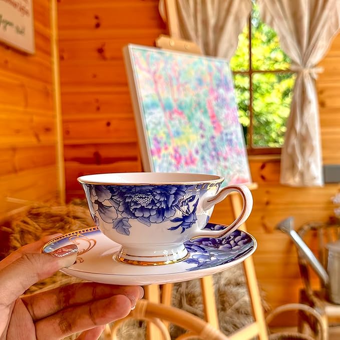ACMLIFE Bone China Tea Sets, Blue and Gold Tea Set for Adults Porcelain Tea Cup Set, Cup and Saucer Set Vintage Floral for Women Party or Christmas Gifts Giving (china blue)