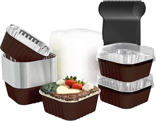 25 Pack Square Mini Cake Pans with Lids,Mini Loaf Pans with Lids,Aluminum Foil Baking Cups,Disposable Ramekins Cupcake Cups,Muffin Tins,Dessert Cups for Wedding Birthday Party Picnics,5oz (Coffee)