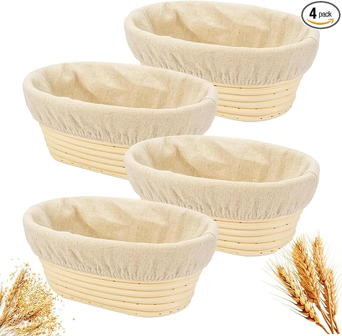 Banneton Bread Proofing Basket - Banneton Basket Set of 4 Pack 10 inch Oval Sourdough Proofing Basket with Liner - Handmade Rattan Proofing Rising Bowl for Artisan Bread Making Baking Supplies