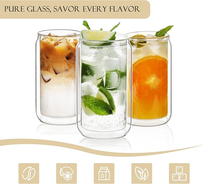 LIBWYS 16oz Double Wall Drinking Glass Cups with Bamboo Lids and Straws, 4 Pc Set – Condensation Resistant Insulated Glass Can Tumblers for Cold Drinks, Iced Coffee, Tea, Juice, Cleaning Brush