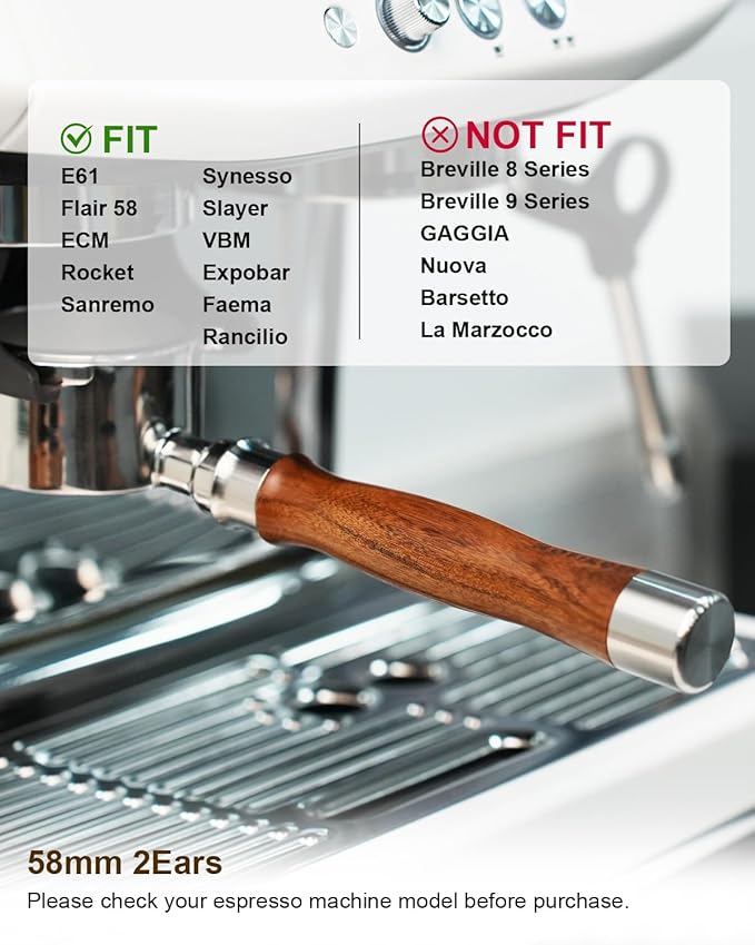 58mm Bottomless Portafilter 2 Ears For E61, Flair 58, ECM, Rocket, Sanremo, Synesso, Slayer, VBM Espresso Machine, Bottomless Naked Portafilter with 18g Filter Basket and Puck Screen - Rosewood