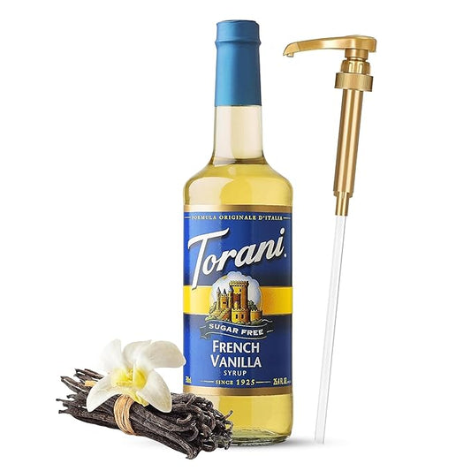 Jimoco® Syrup Pump Dispenser + Torani® Sugar Free French Vanilla Syrup, 25.4 oz - Coffee Syrup Pump & Flavoring Bundle