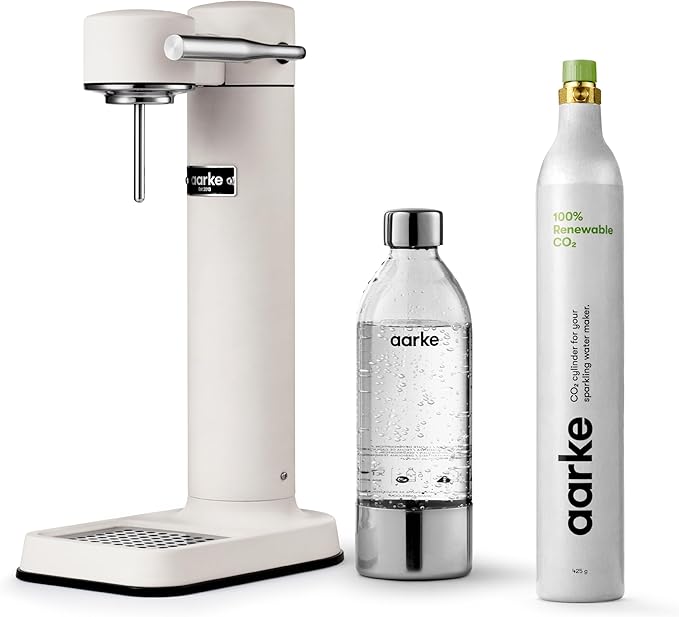 Aarke Carbonator lll with CO2 Cylinder, Sparkling & Carbonation Water Machine, Stainless Steel with PET BPA-Free Reusable Bottle Volume 1L/34 fl oz (Matte White)