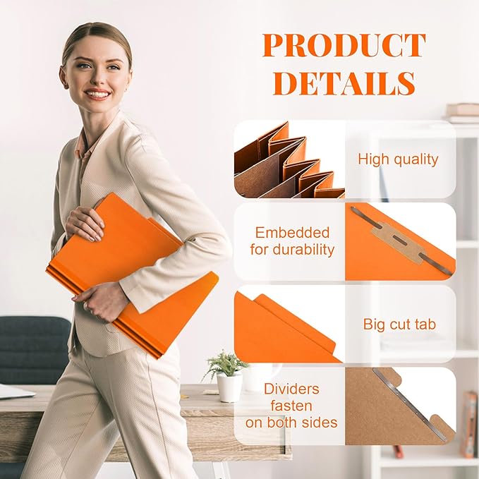 60 Pcs Classification Folders Letter Size, Back to School Supply for Teacher, Student, 3 Dividers Pressboard File Folder Bulk with 2 Fasteners, 3.5 Inch Expanding File Organizer (Orange)