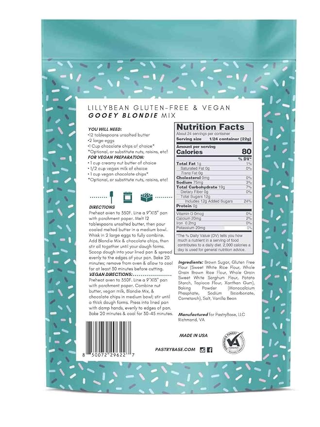 LillyBean Gluten Free Gooey Blondie Mix with No Artificial Colors - Dairy and Soy Free, Vegan - Makes Delicious Desserts - Skillet Cookies, Breakfast Bars, Cake Pops - 18 oz