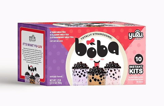 Boba Bundle Kit 10 Serv. Instant Bubble Pearl Variety Milk Tea Kit with Authentic Brown Sugar Tapioca Pearls by Yulu Foods - Ready in Under 1 Minute, Includes Paper Straws - Gift Box, Holiday (Classic, Taro and Strawberry)