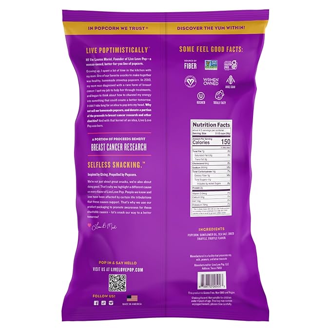 Live Love Pop Truffle Salt Flavored Gourmet Popcorn, 4.4 Oz (Pack of 6), Healthy Snack, Gluten Free, Vegan & Non-GMO, Mission Driven Munchies