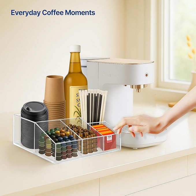 Acrylic Coffee Bar Station – Snack Tea Organizer & Storage Holder for Office Coffee Table – Perfect Countertop Setup for Syrup, Creamer, and Snack Accessories