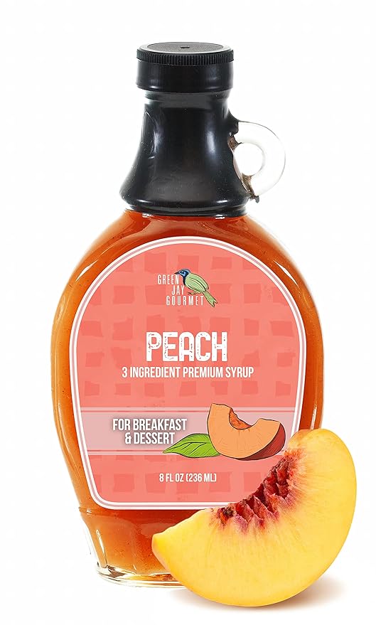 Green Jay Gourmet Peach Syrup - 3 Ingredient Premium Breakfast Syrup with Fresh Peaches, Cane Sugar & Lemon Juice - All-Natural, Non-GMO Pancake Syrup, Waffle Syrup & Dessert Syrup - 8 Ounces