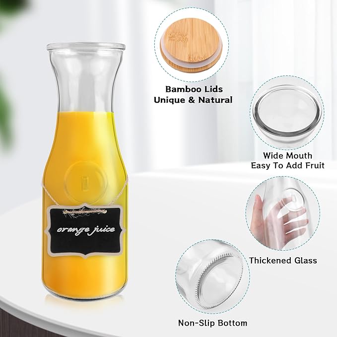 Glass Carafe with Bamboo Lid,35 Oz Beverage Dispensers Carafe,Mimosa Bar Supplies,Juice Bottles, Clear Glass Pitcher with Name Labels for Iced Tea,Coffee,Juice(Set of 4)