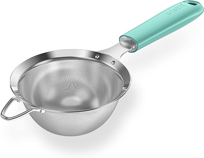 18/8 Stainless Steel Mesh Strainer: U-Taste 3.9 Inch Kitchen Fine Mesh Sieve Food Colander with Riveted Sturdy Silicone Handle and 30 Mesh Hole for Straining Flour, Quinoa, Tea, Juice (Aqua Sky)