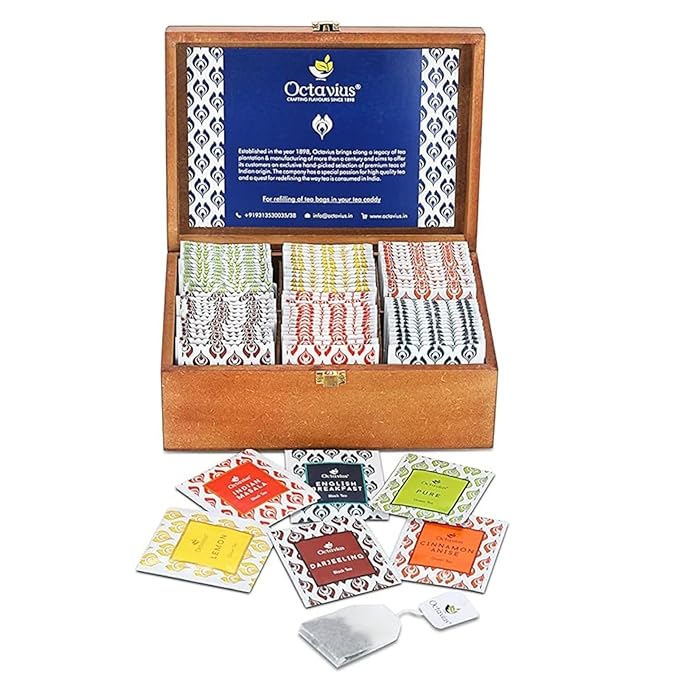 Octavius Gift's Select - Assorted Tea in Multi Design Printed Wooden Box | 6 Flavors, 90 Tea Bags | Black & Green Tea | Tea Gifts for Women & Men | Tea Variety Pack | Mothers Day Tea Gift Box