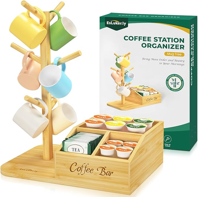 EsLuker.ly Mug Tree Holder Stand, Countertop Bamboo Coffee Cup Organizer Rack for Kitchen Office, Space-Saving Coffee Station Bar Organizer with 6 Hooks, Modern Design Enhances Decor