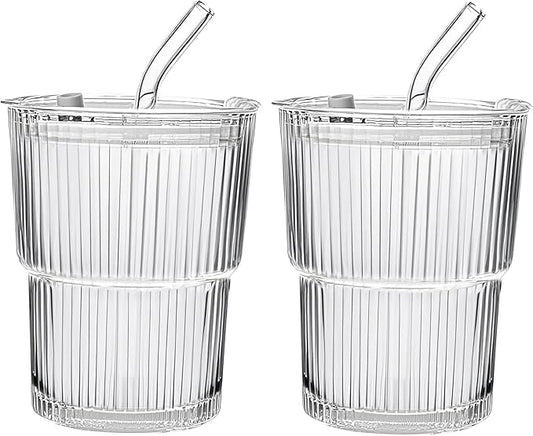 13oz/400ML Glass Tumbler with Straw and Lid Ribbed Vertical Ice Coffee Cups Sealed Carry on for Coffee Iced Tea, Thick Wall Glassware Tumbler Water Glass (Clear 2pcs)