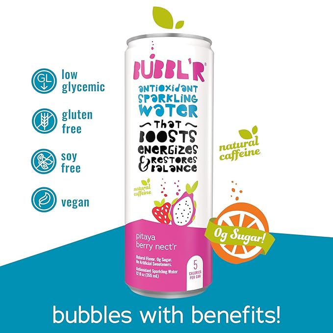 BUBBL'R pitaya berry nect'r, Antioxidant Sparkling Water with Natural Caffeine, 0g Sugar, Gluten Free, All Natural Flavors, 12 Fl Oz Cans, 12 Count
