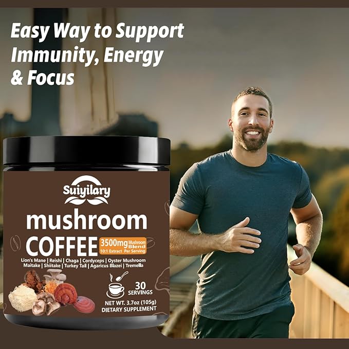 10 Mushroom Coffee with Arabica w, Lion's Mane, Reishi, Mushroom Polysaccharides & More, 3500mg(10:1) Extract Instant Mushrooms Powder for Focus, Immunity Boost