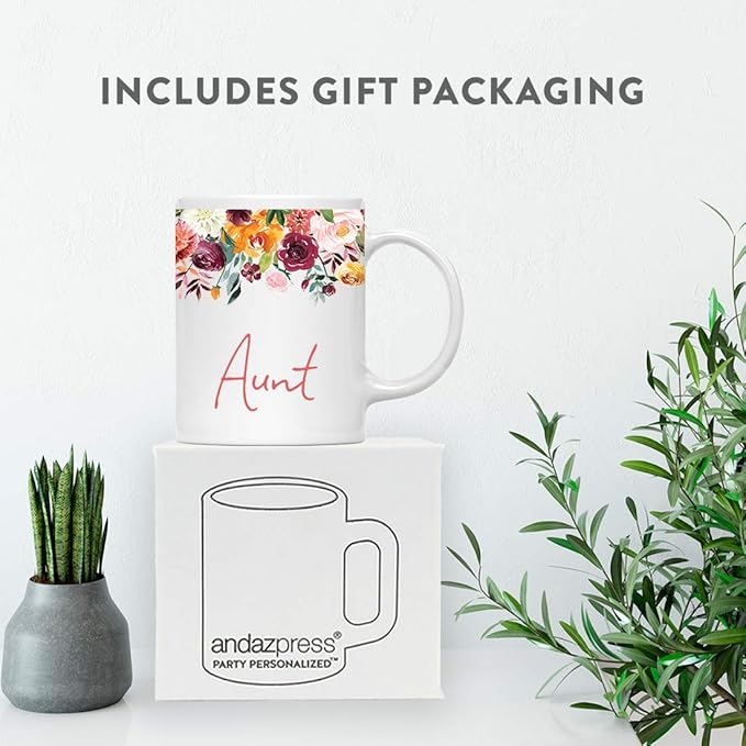 Andaz Press 11oz. Mother's Day Ceramic Coffee Tea Mug Gift, Fall Autumn Burgundy Orange Peach Flowers Roses Florals, Aunt, 1-Pack, Includes Gift Box, Birthday Christmas Gift Ideas