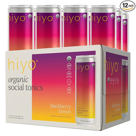 Hiyo Organic Social Tonic - Blackberry Lemon, 12 Pack - N.A. Functional Seltzer, Sparkling Water Crafted with Organic Adaptogens, Nootropics & Botanicals