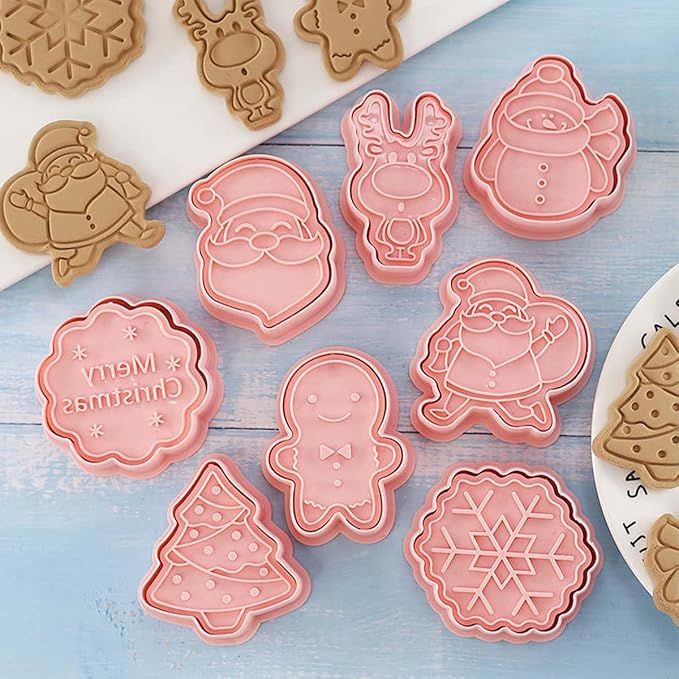 8 Piece Christmas Cookie Cutters, 3d Raised Design Gingerbread Cookie Stamps, Cookie Cutter Set suitable for Frosting Decoration, Mini Pie Molds, Apple Pie Pastry Biscuit Cutter (Christmas-C)