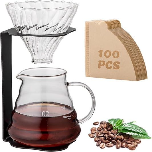 Coffee Pour Over Set – Complete Pour Over Coffee Maker with Dripper, Pot, and 100 Filters | Portable Style Drip Coffee Pour Over