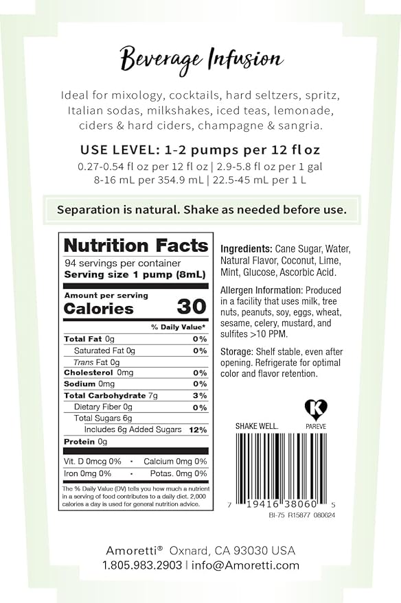 Amoretti - Mojilada® Beverage Infusion, 94 Servings Per Bottle (750 ml) - Drink Mix & Water Enhancer with Pump for Flavoring Cocktails, Waters, Teas, and other Beverages, Preservative Free