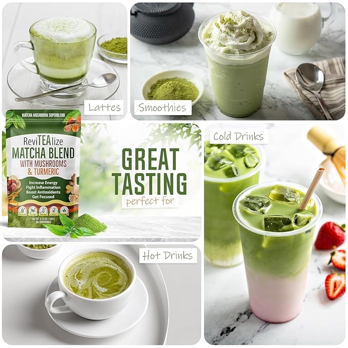 ReviTEAlize Organic Matcha Mushroom Powder - Organic Ceremonial Grade - Coffee Alternative - Latte (60 Servings)