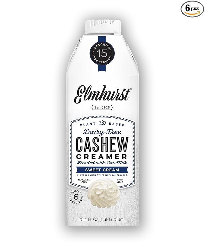 Elmhurst 1925 Sweet Cream Cashew Creamer - Dairy-Free, Vegan, Kosher, Low Sugar, Shelf Stable Creamer Made with Cashew & Oat Milk for Healthier Coffee, Latte and Smoothies - 25.4 Ounce (Pack of 6)